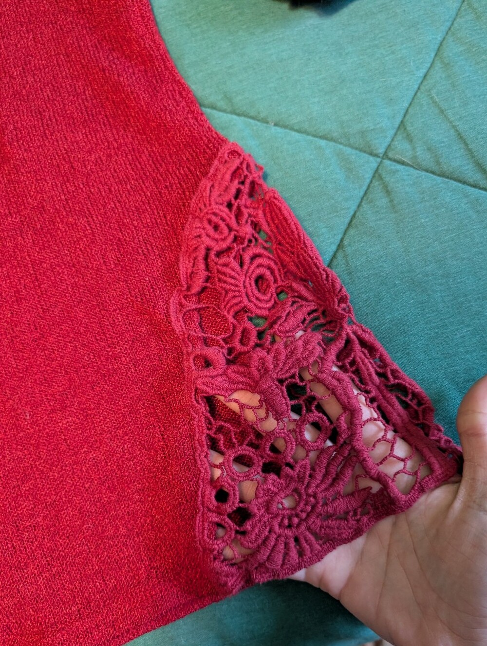 Deb Raspberry Knit V-Neck Top with Crochet Hem!! - Picture 3 of 5